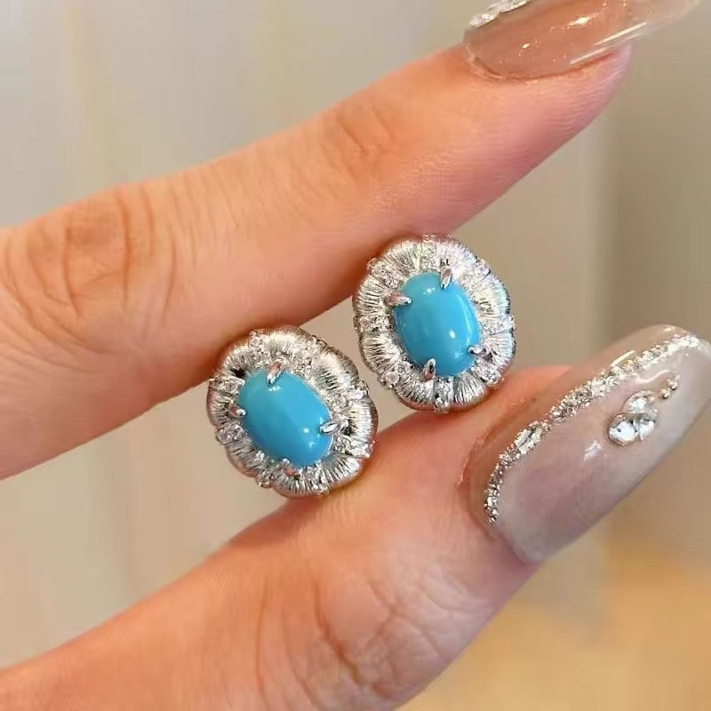 Brushed Craft Inlaid Turquoise Earrings Luxury Retro Palace Style Earrings
