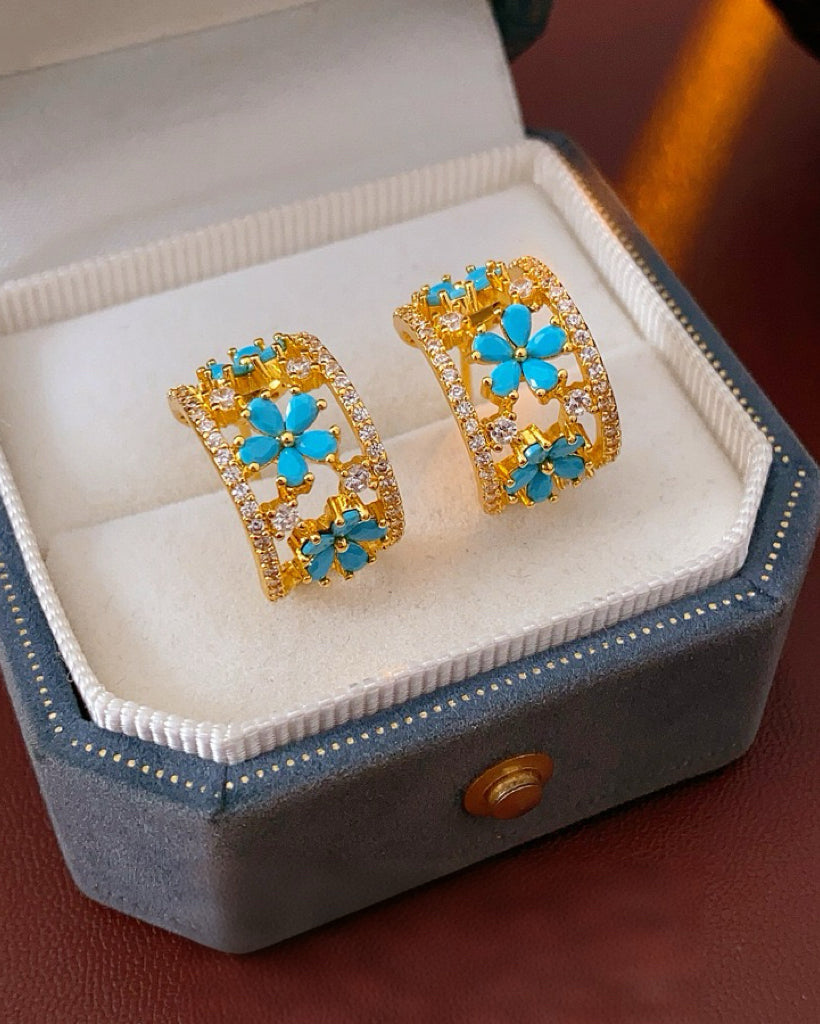 Vintage Gold Turquoise Flower Hoop Earrings