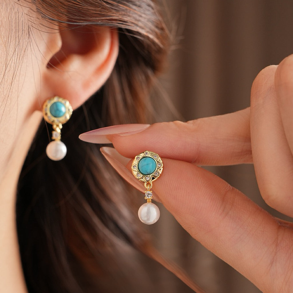 Vintage Zircon Pearl Pendant Earrings For Women Palace Style Earrings