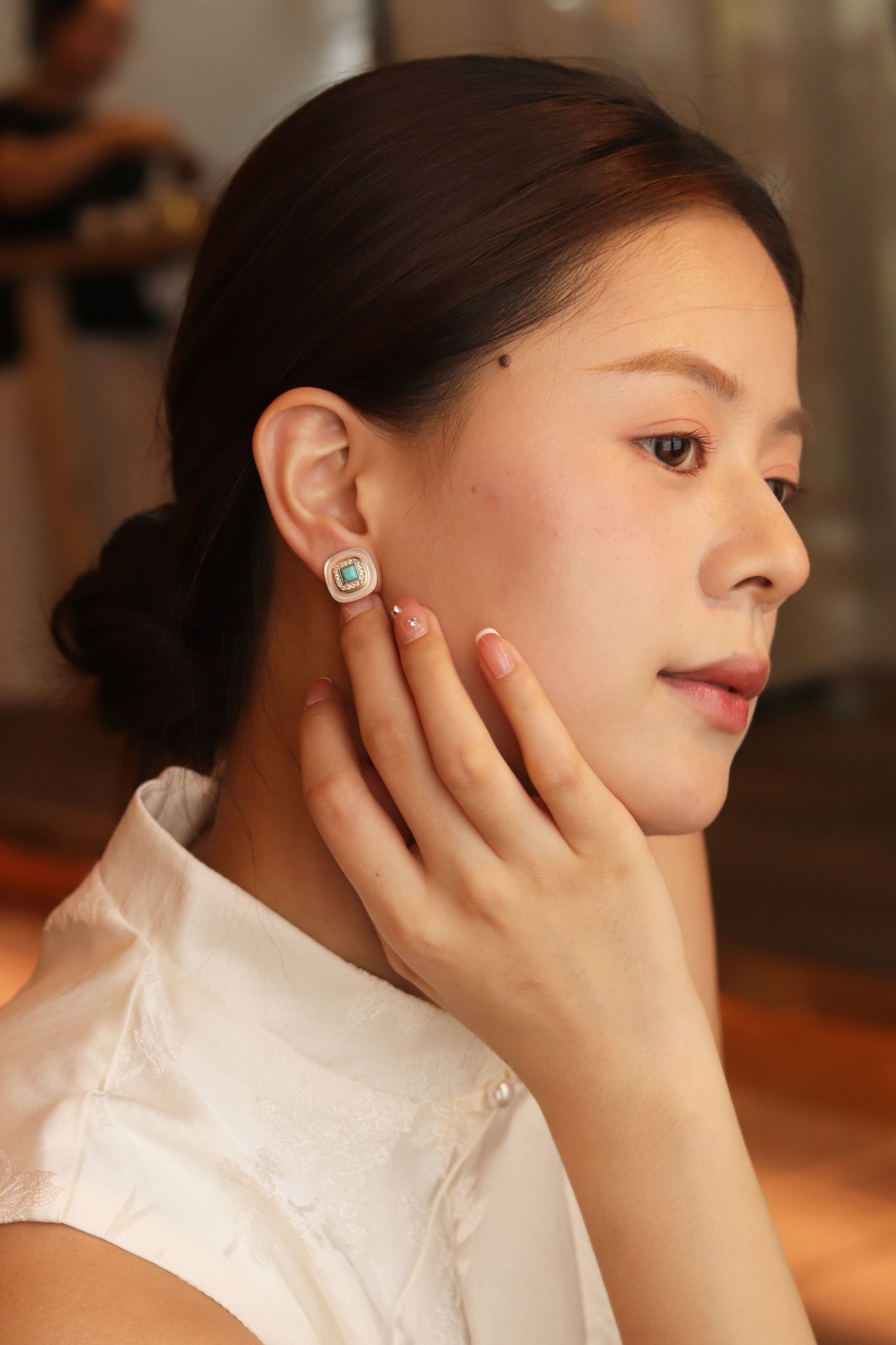Square Natural Mother-of-pearl Blue Turquoise Earrings For Office Workers To Wear Daily