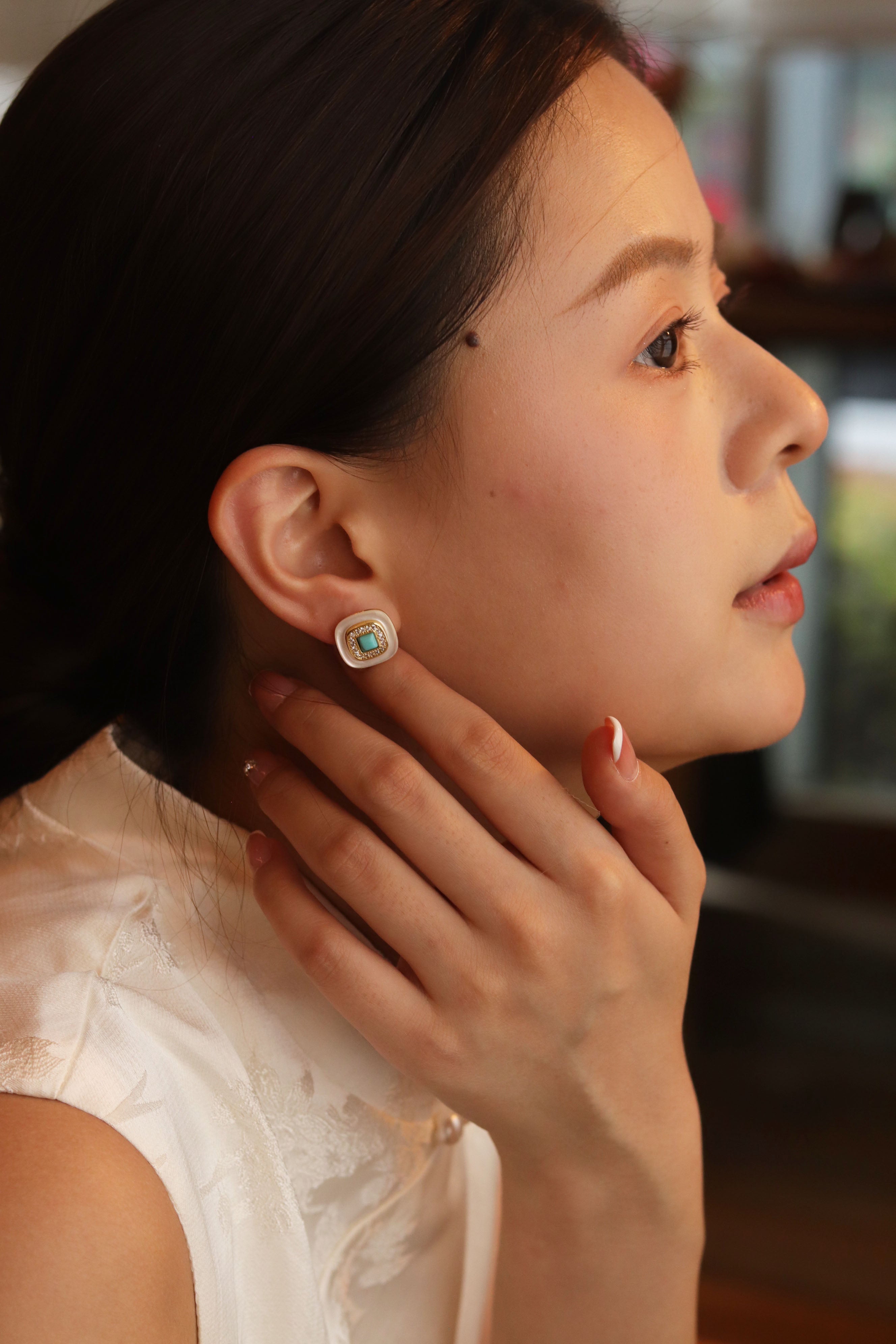 Square Natural Mother-of-pearl Blue Turquoise Earrings For Office Workers To Wear Daily