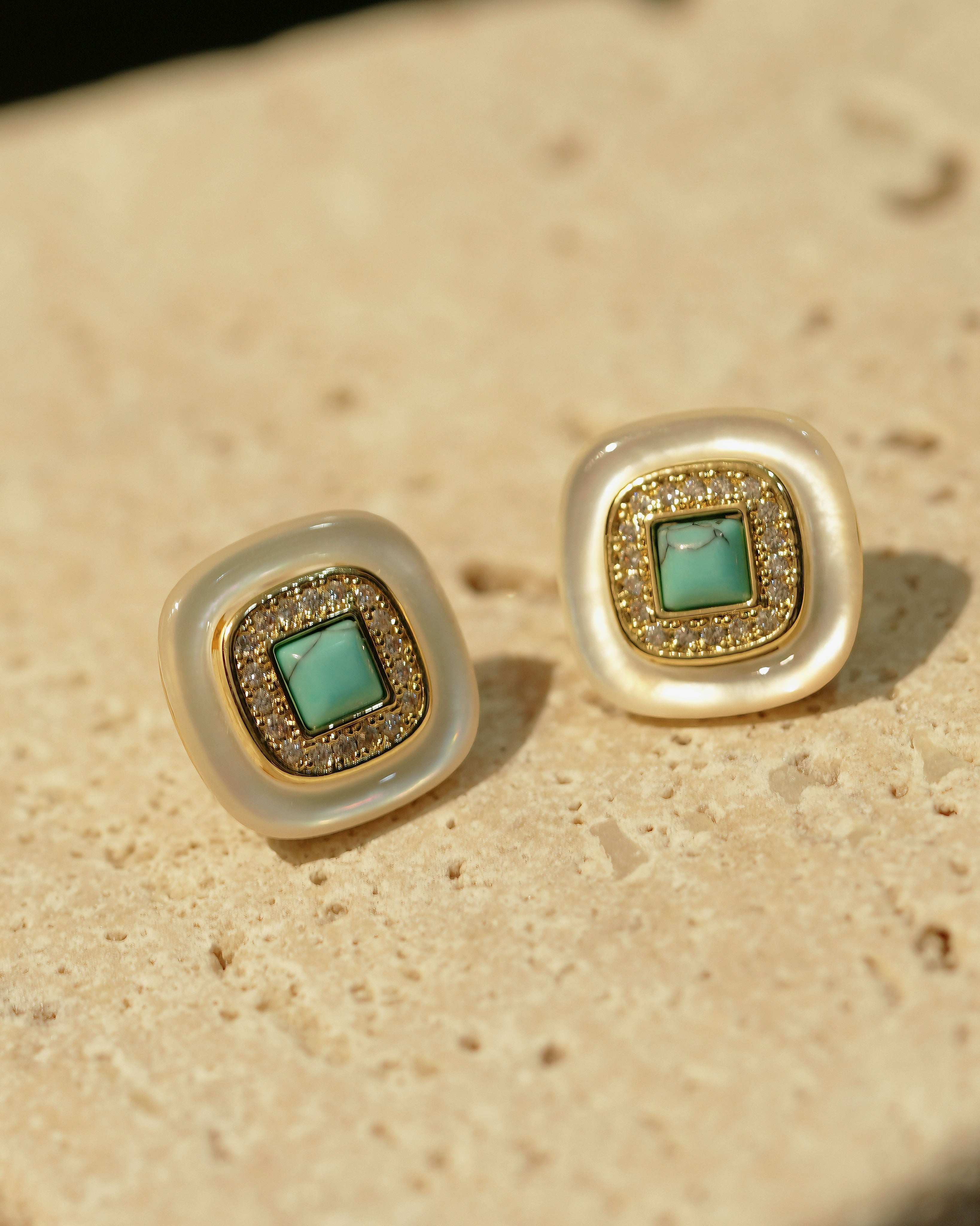Square Pearl & Turquoise Stud Earrings