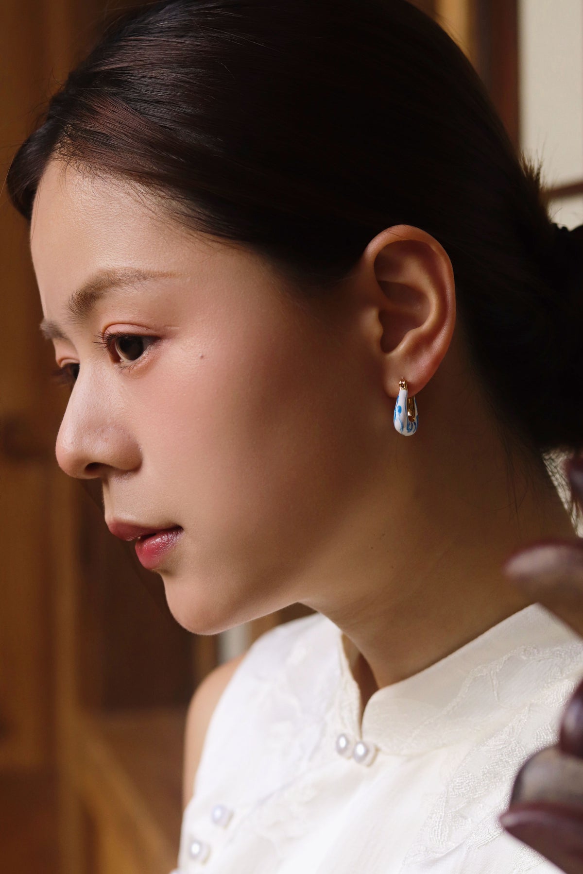 Ink & Azure Flow: U-Shaped Porcelain Earrings