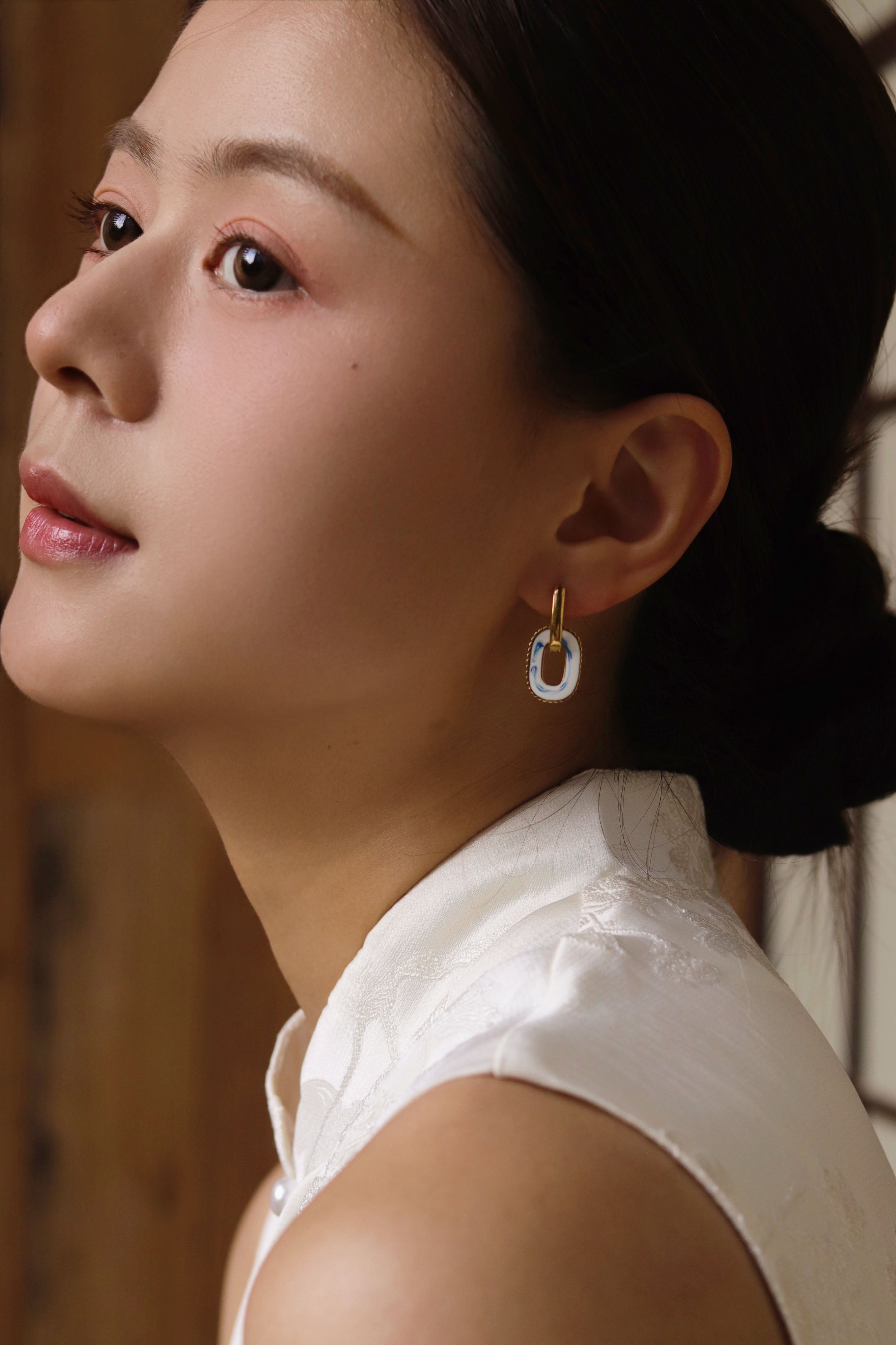 YUHE Ethnic Blue-and-White Porcelain Double Hoop Earrings