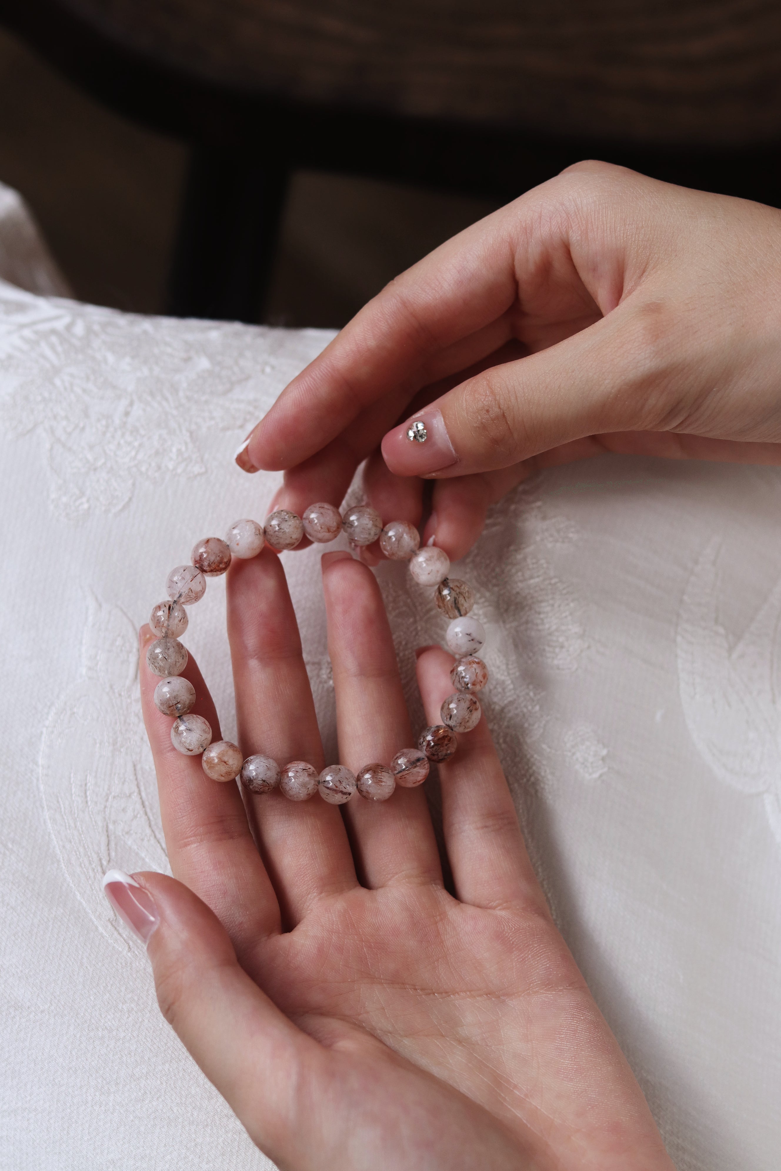 Handmade Natural Pink Rabbit Hair Crystal Bracelet DIY Beaded Bracelet