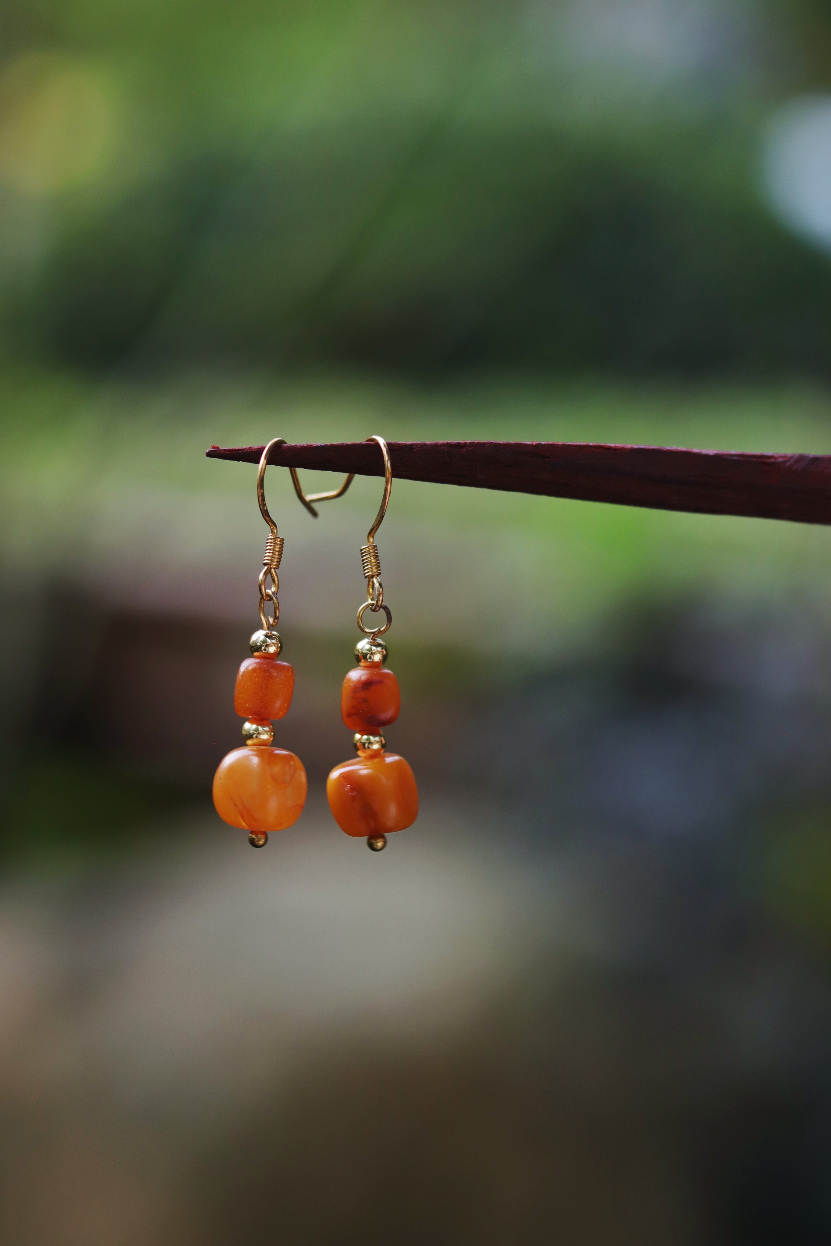 Handmade 14K Oriental Retro Amber Beaded Earrings with Pumpkin Design for Girls