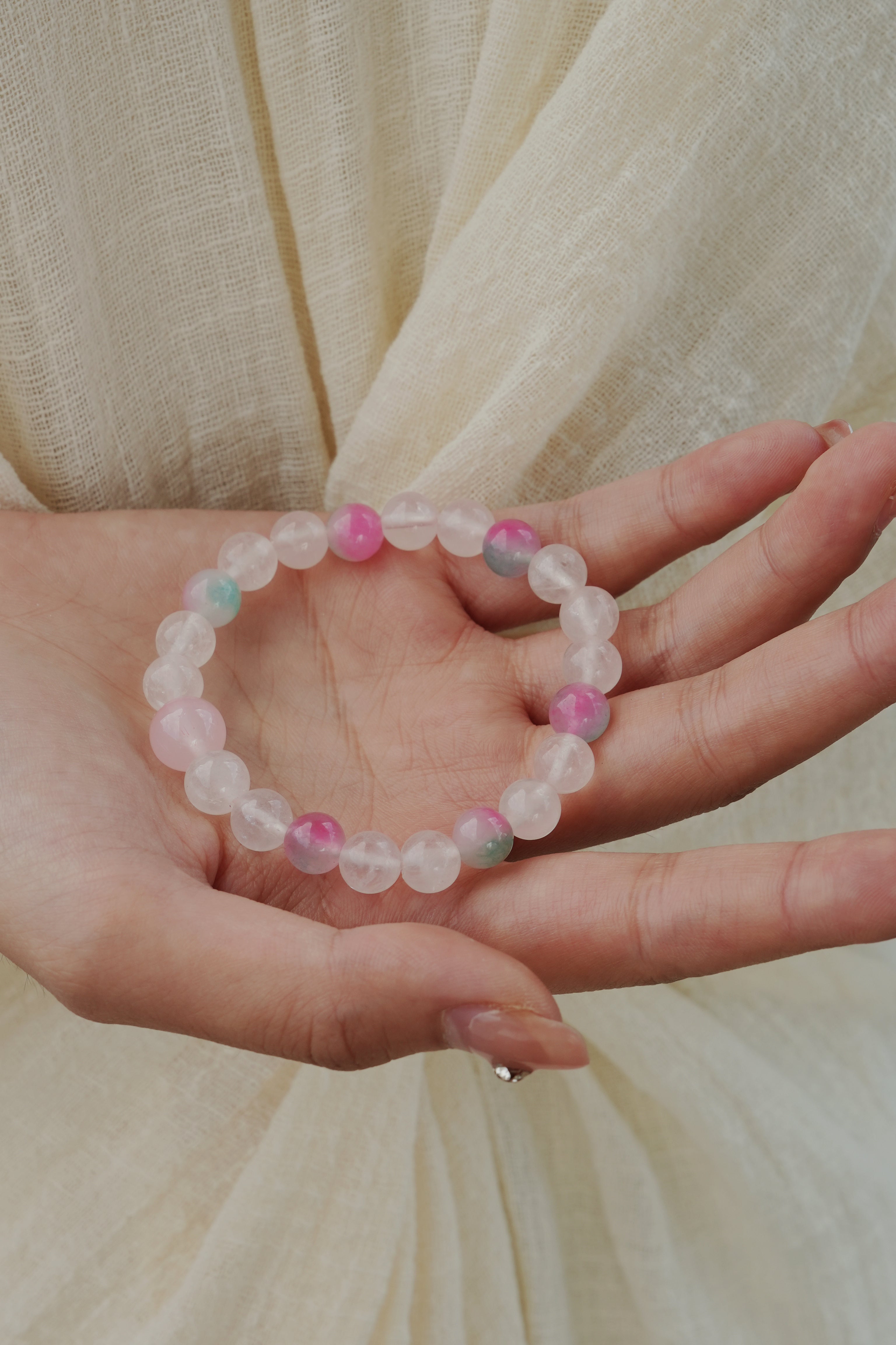 Natural Multicolor Agate & White Crystal Bracelet