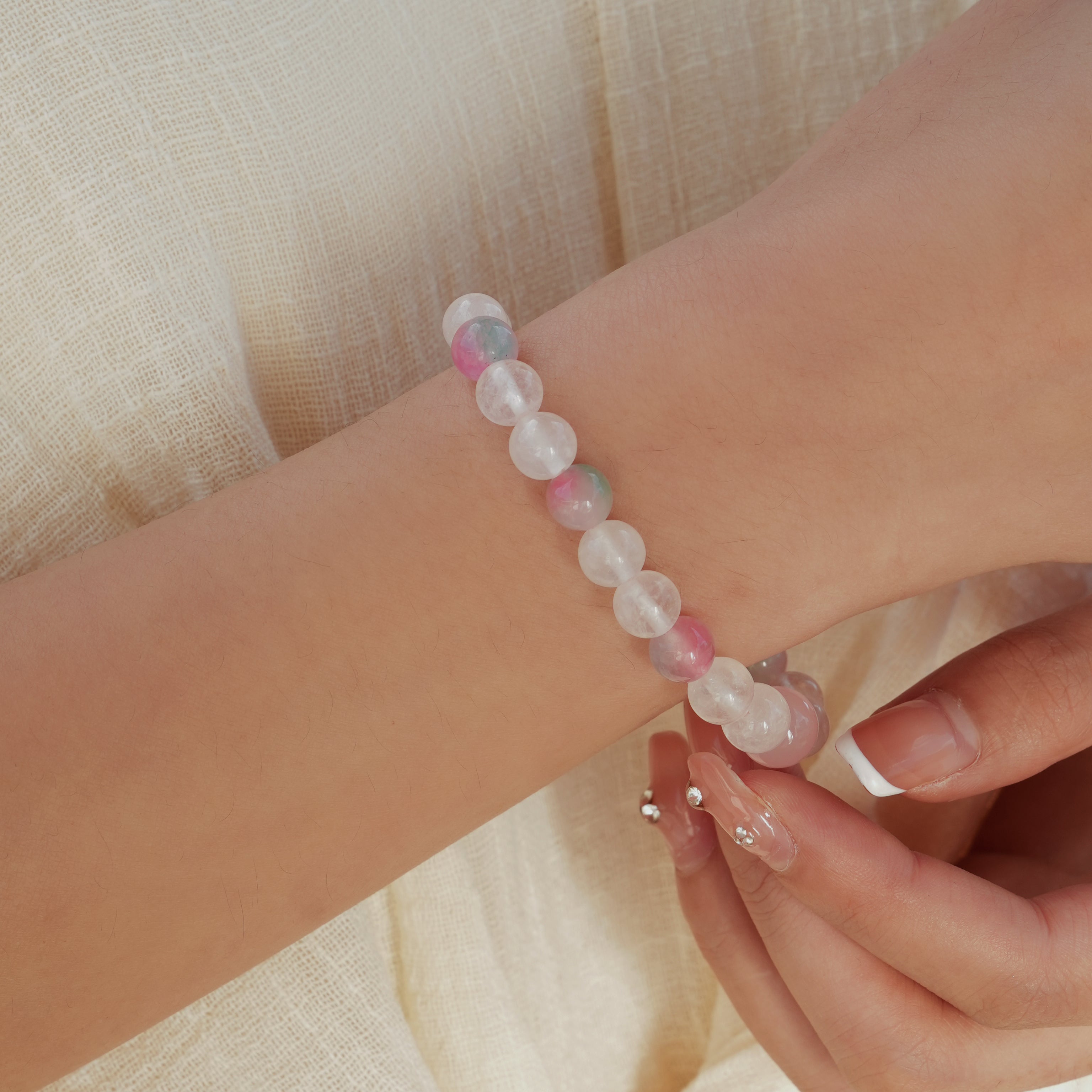 Natural Multicolor Agate & White Crystal Bracelet