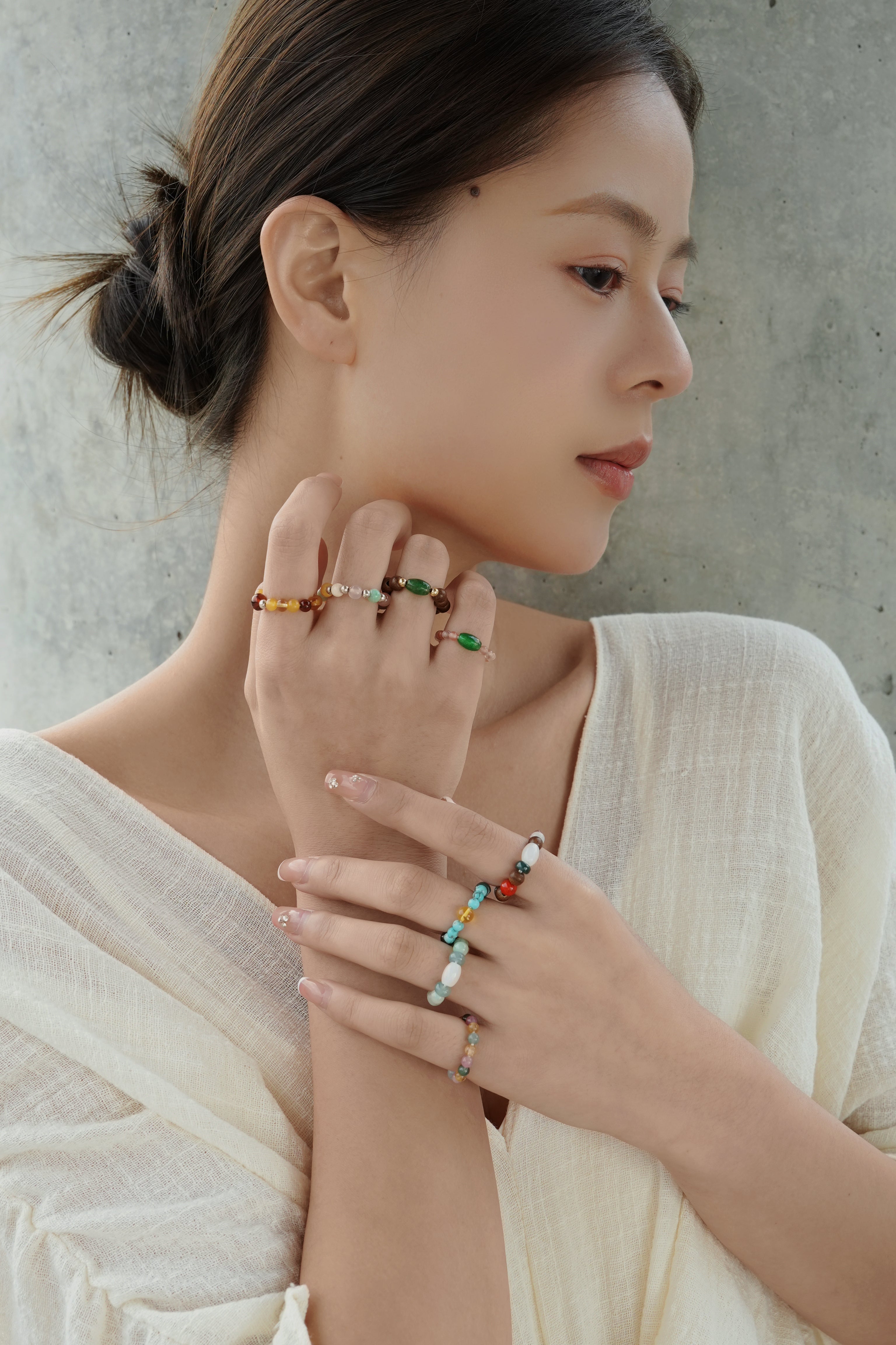 Colorful Multi-Gem Elastic Ring - Handmade Mixed Stone Statement Unique Jewelry