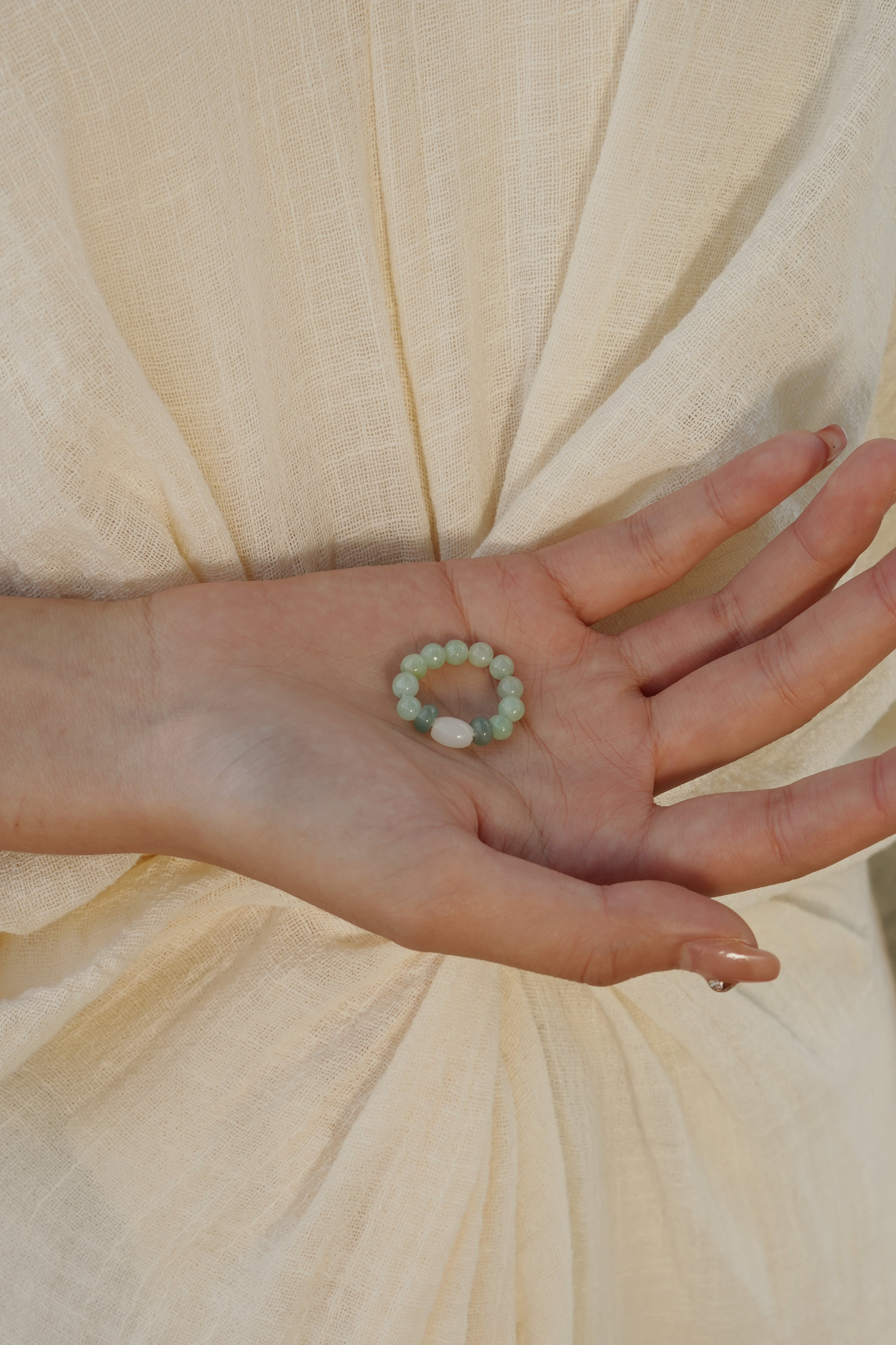 Natural Green Jade Beaded Ring