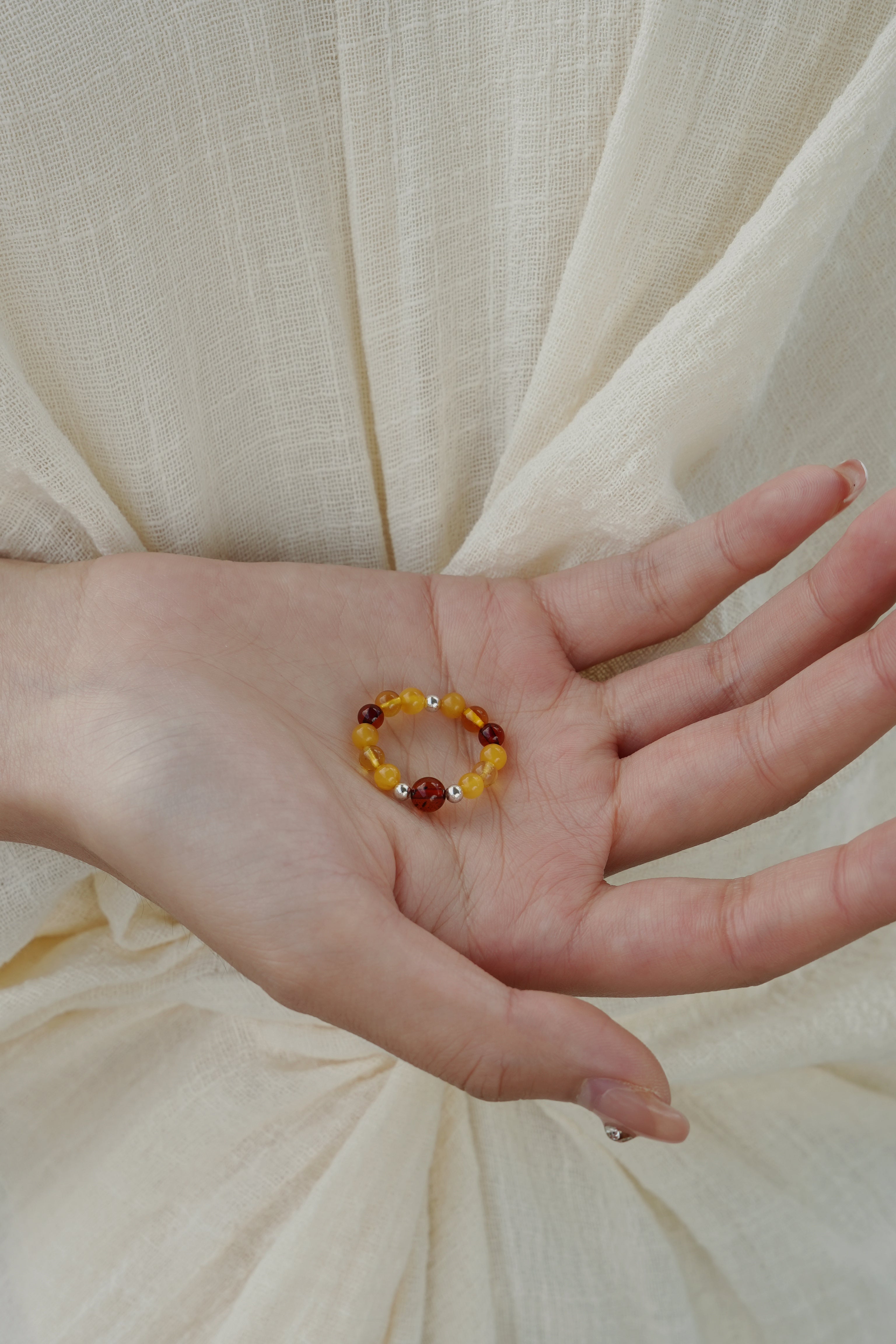 DIY Handmade Beaded Oriental Style Stud Ring Natural Amber Gold Ring