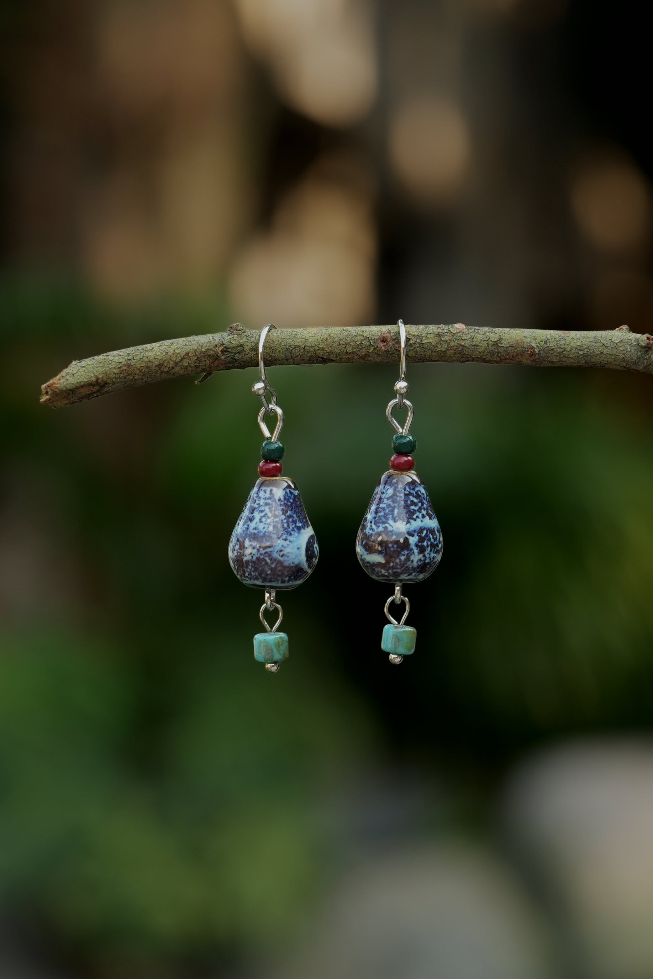 Vintage Ceramic Teardrop Gourd Pendant Earrings Elegant Oriental Glass Earrings