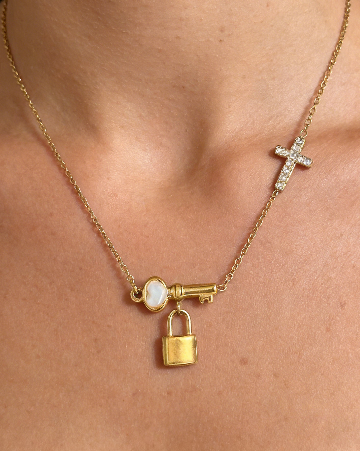 Key, Lock & Cross Stainless Steel Necklace