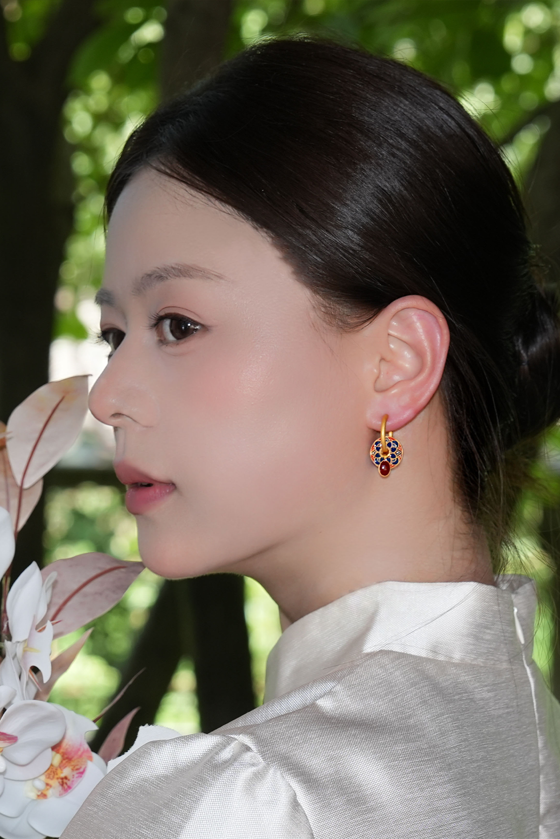 Vintage Lotus Flower Earrings – Chinese Enamel Hoop Earrings for Women