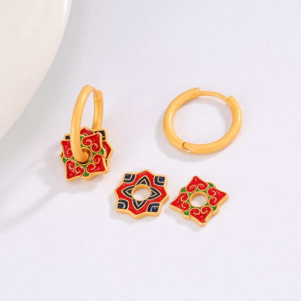 YUHE Vintage Enamel Flower Clover Earrings