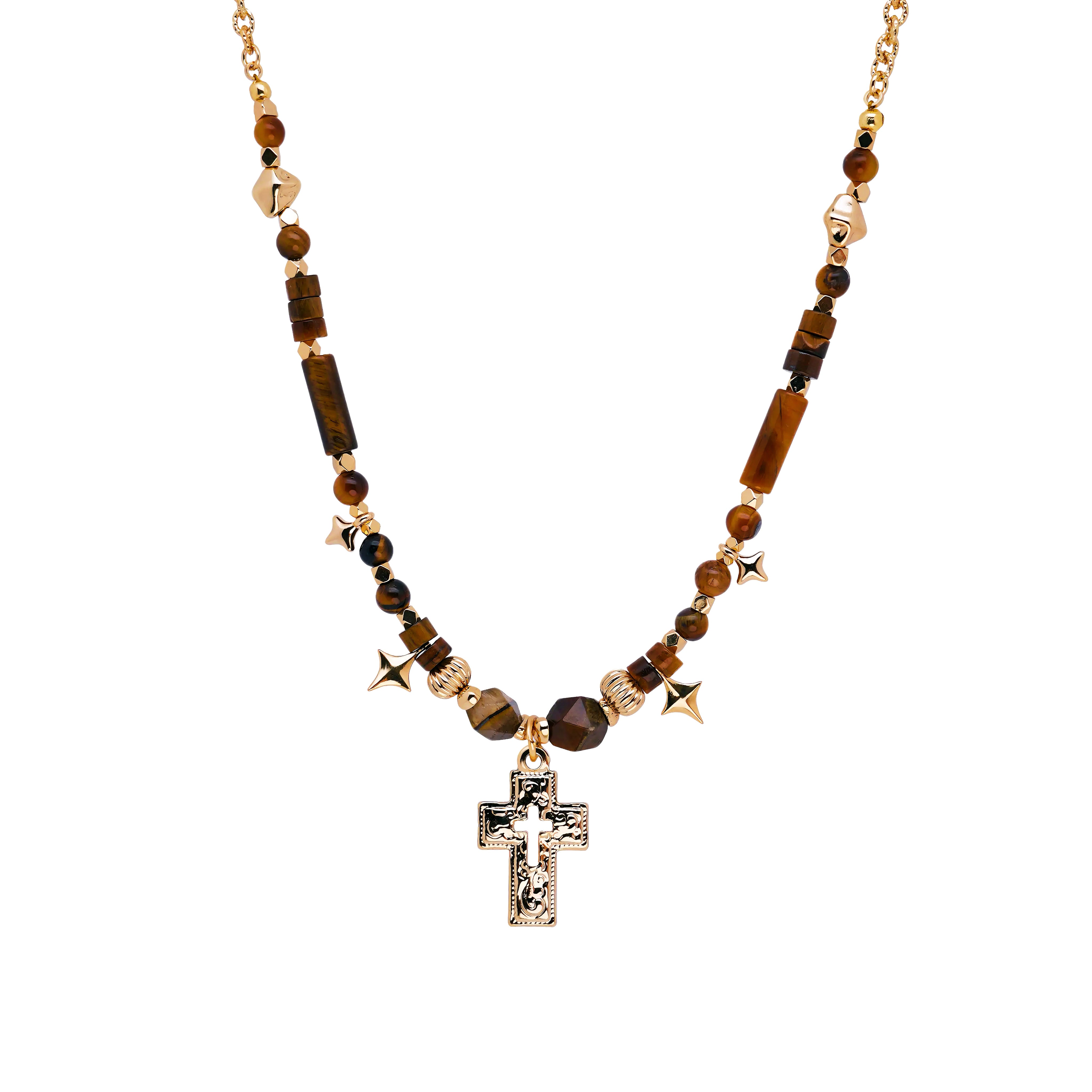 Retro High-end Natural Tiger Eye Stone Beaded Necklace Exquisite Cross Pendant Necklace