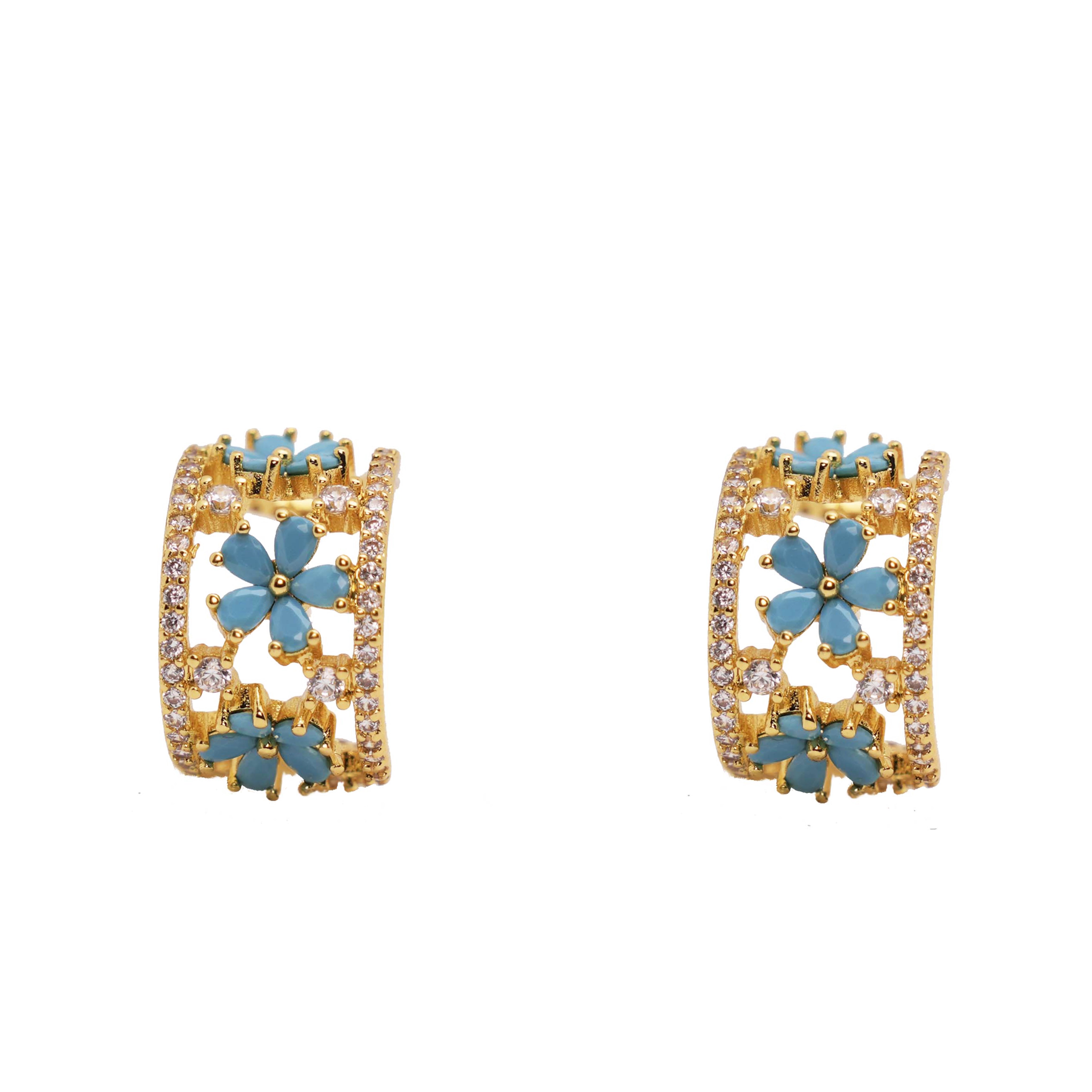Vintage Gold Hollow Flower C-shaped Earrings Turquoise Zircon Shining Earrings