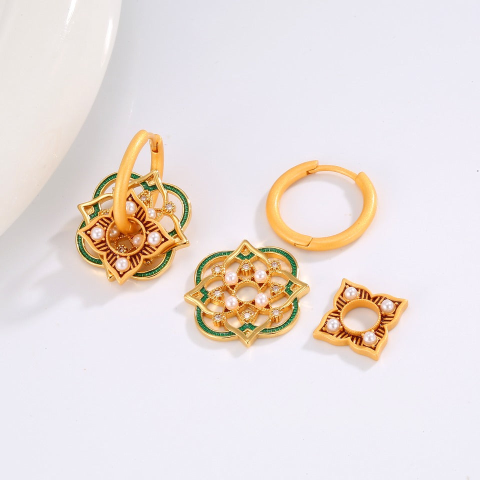 Oriental Flower Pearl Earrings | Detachable Gold Flower Stud Earrings with Pearl