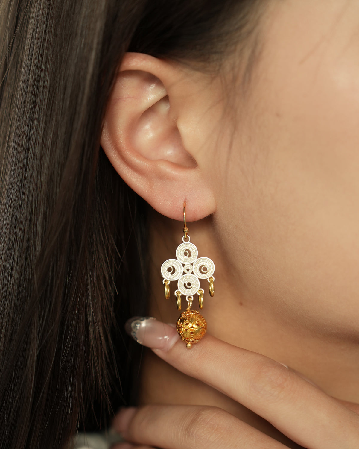 Filigree Bloom and Gold Orb Drop Earrings