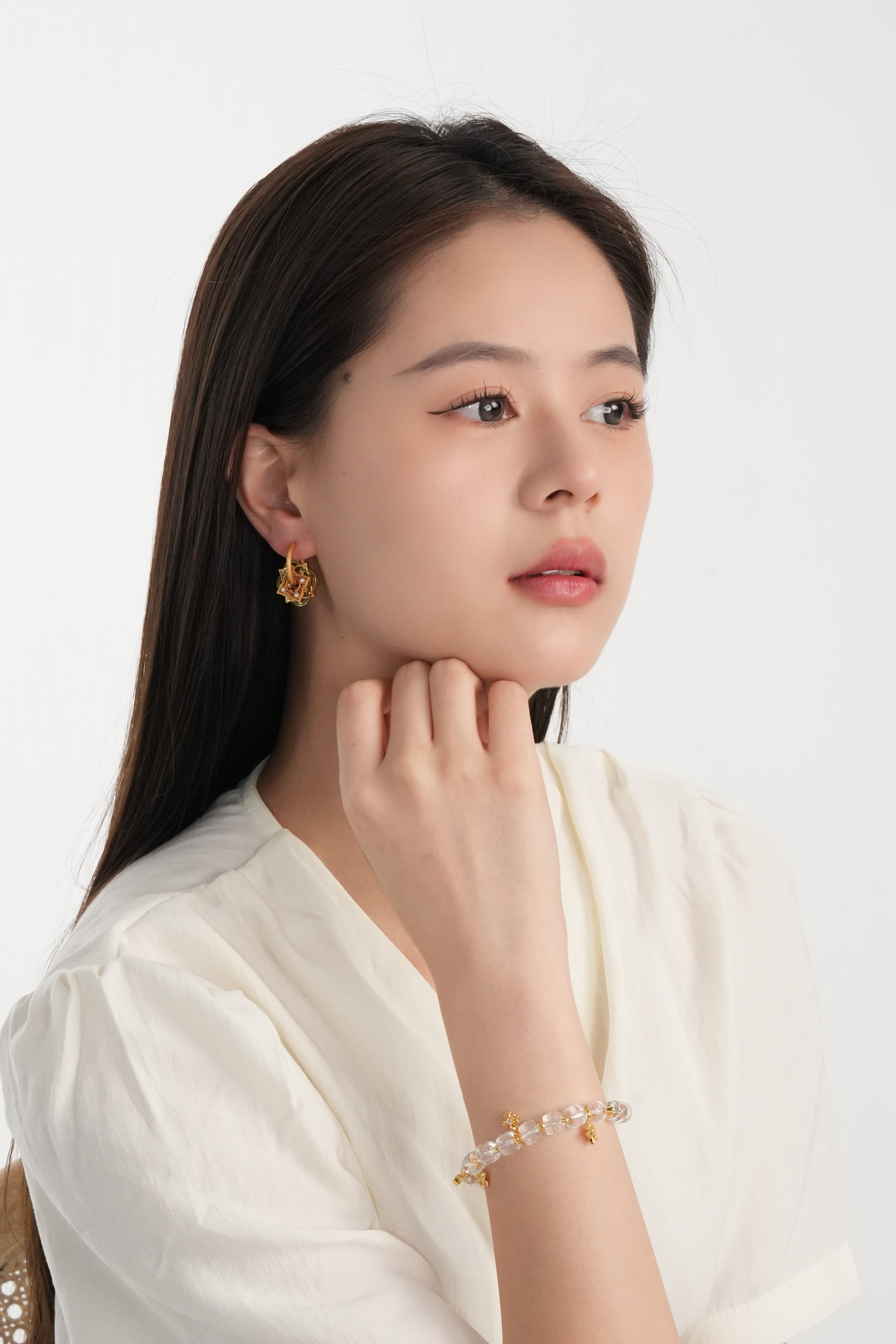 Oriental Flower Pearl Earrings | Detachable Gold Flower Stud Earrings with Pearl