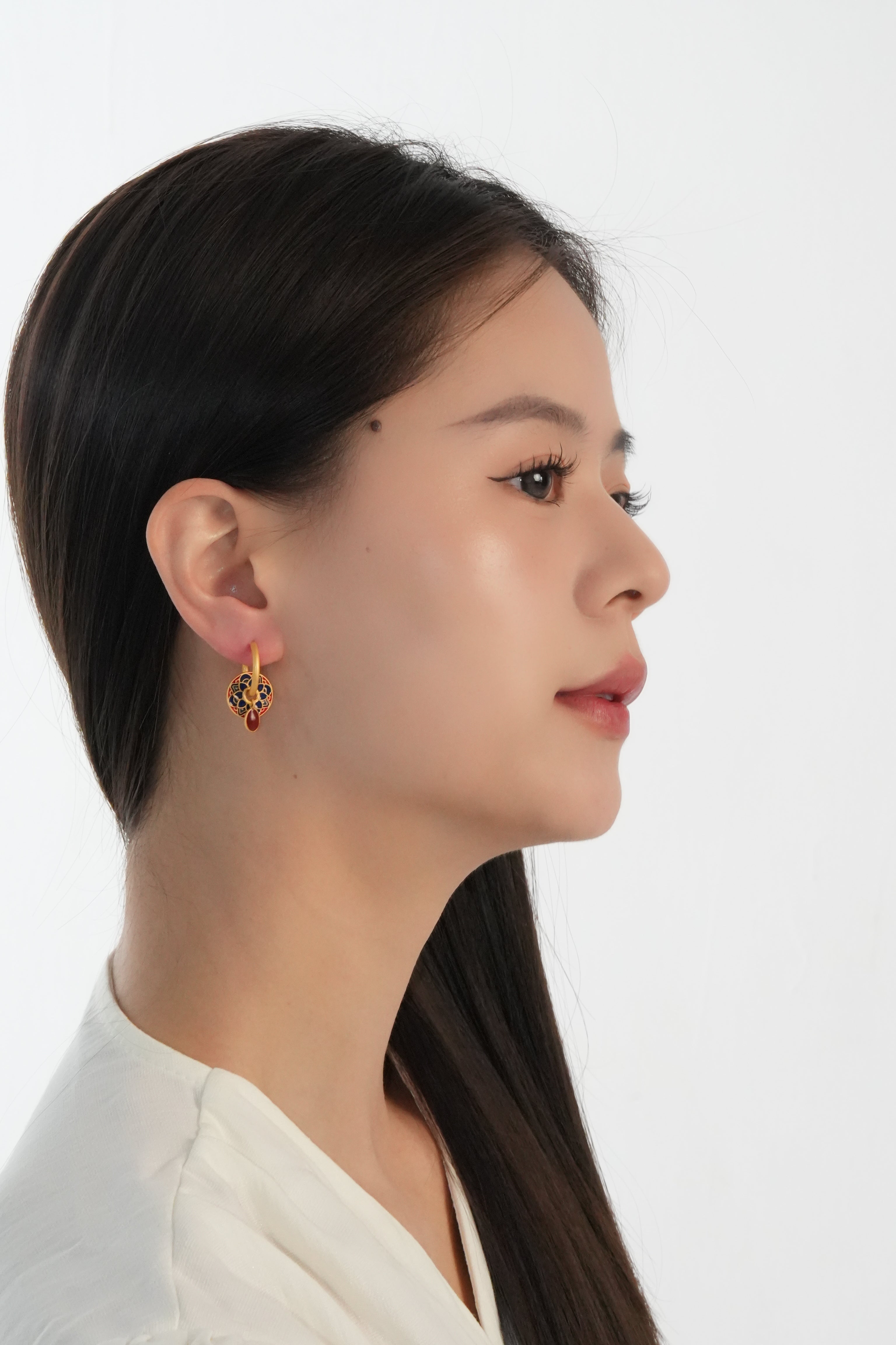 Vintage Lotus Flower Earrings – Chinese Enamel Hoop Earrings for Women