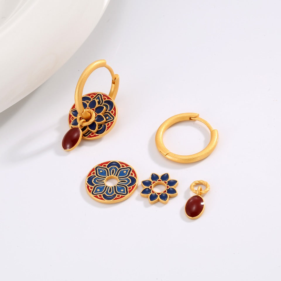 Vintage Lotus Flower Earrings – Chinese Enamel Hoop Earrings for Women