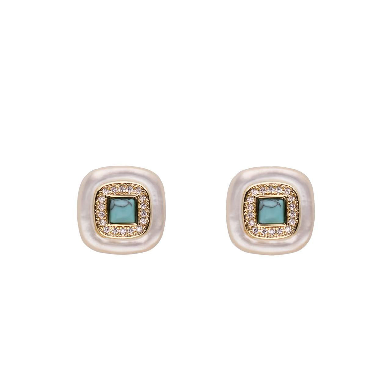 Square Natural Mother-of-pearl Blue Turquoise Earrings For Office Workers To Wear Daily