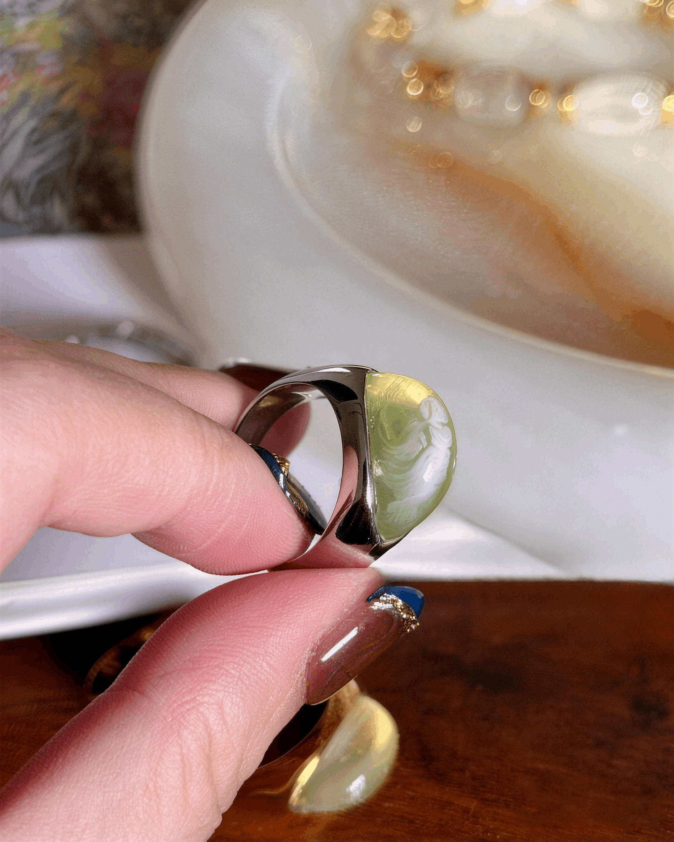 Waterproof silver stainless steel ring, pale green resin gemstone ring, chunky sculptural statement ring for women, tarnish-free hypoallergenic jewelry.