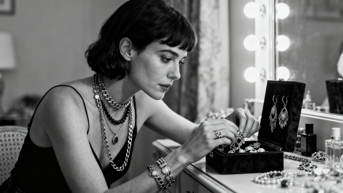 Woman styling a curated collection of 2025 jewelry trends, including layered necklaces and delicate earrings, for personal expression.