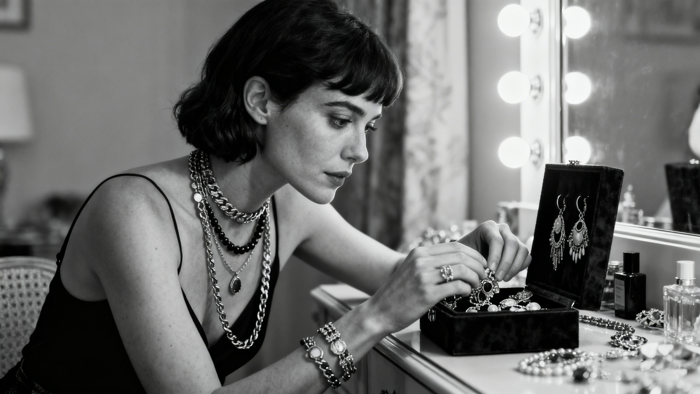 Woman styling a curated collection of 2025 jewelry trends, including layered necklaces and delicate earrings, for personal expression.