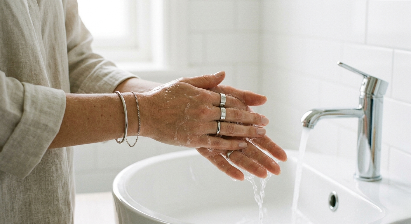 minimalist stainless steel jewelry for everyday wear, waterproof rings and bracelets worn during daily routine