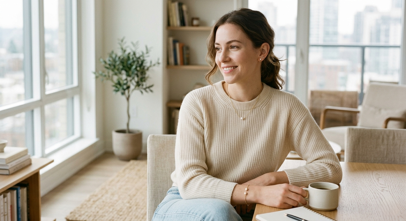 Woman wearing minimalist pearl jewelry styled for everyday wear, soft light, modern elegant aesthetic
