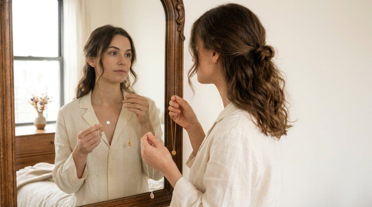 Woman choosing between gold and silver necklaces with a cream blouse.