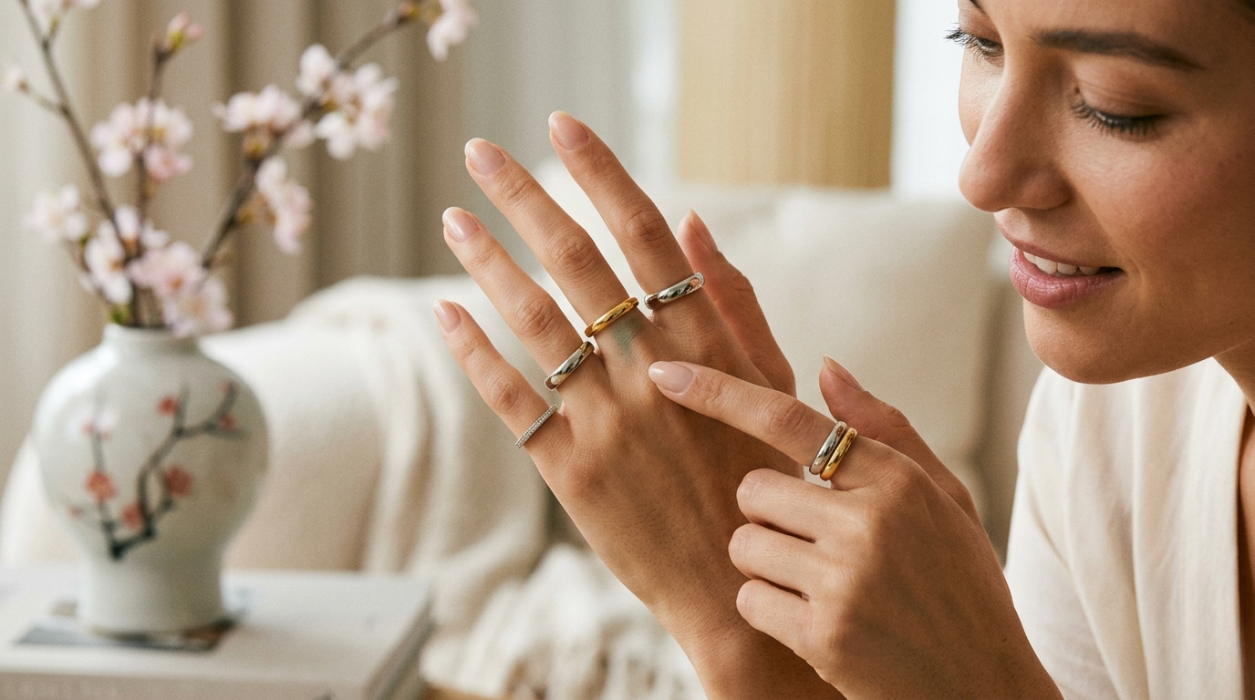 Close-up photograph of an elegant woman examining a greenish tarnish stain on her finger, formed beneath a prominent bronze ring, with the other hand touching the skin gently. Blurred luxurious, warm-toned interior background.