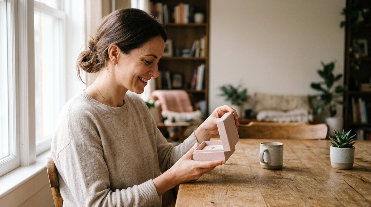 Woman wearing a delicate necklace while opening a jewelry gift.