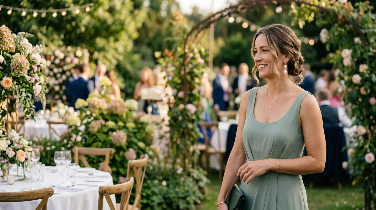 Wedding guest wearing drop earrings with an elegant formal outfit