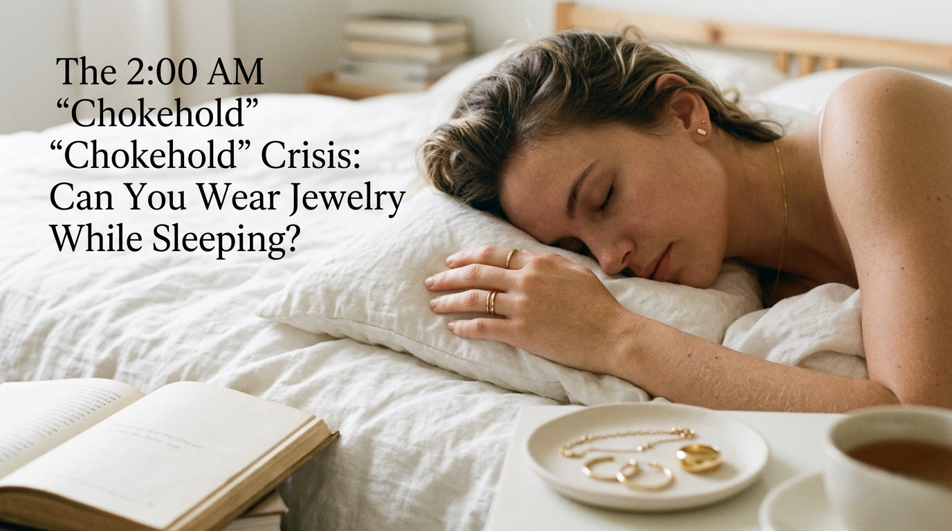 A woman sleeping peacefully on white linens wearing minimalist gold jewelry, including rings and a thin necklace, next to a nightstand with a jewelry dish.