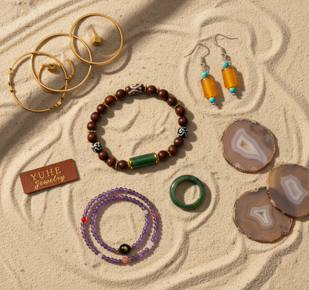 Collection of spiritual gemstone jewelry representing the five elements of wood, fire, earth, metal, and water on a natural stone background.