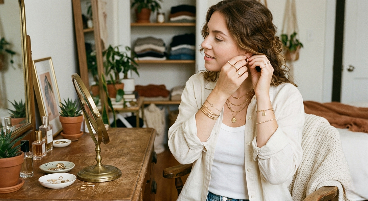 woman wearing layered minimalist jewelry while getting ready, everyday jewelry brands and daily wear styling inspiration
