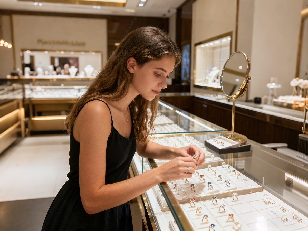 Young American woman at a jewelry counter examining different rings, symbolizing the process of avoiding jewelry buying mistakes and using expert jewelry shopping tips.