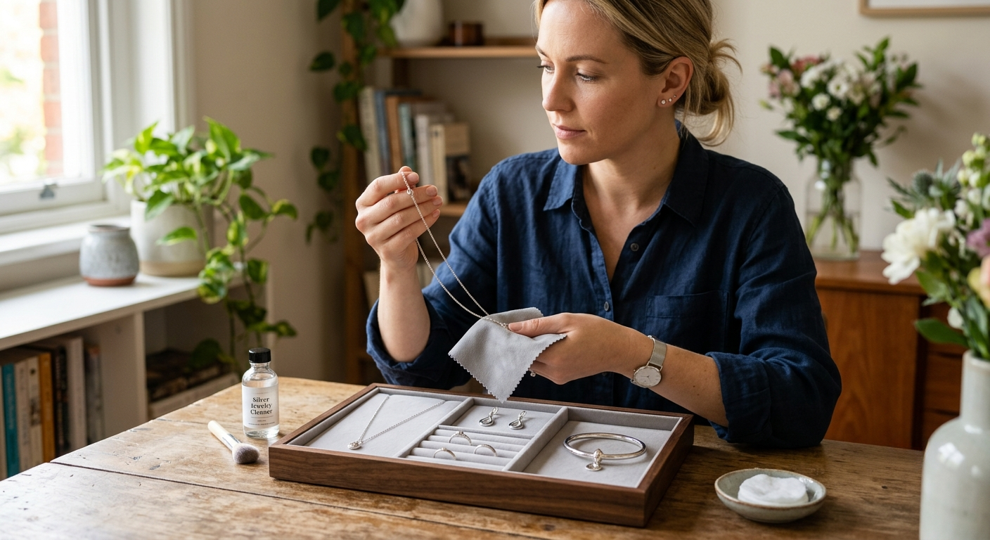 Woman caring for silver-tone jewelry with necklace, earrings, rings, and bracelet on a jewelry tray