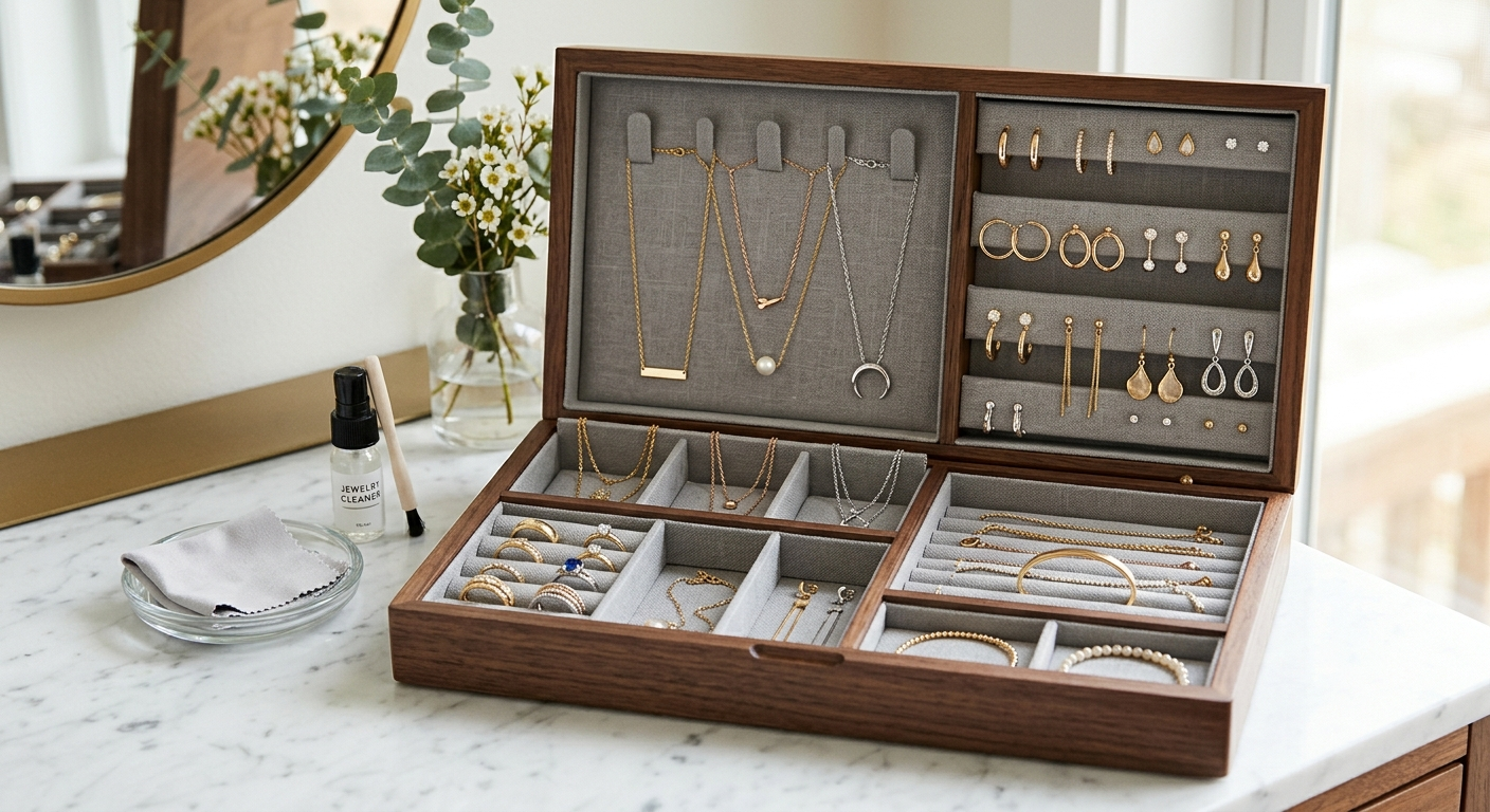 Everyday jewelry neatly stored and cleaned to keep necklaces, rings, bracelets, and earrings looking beautiful for longer