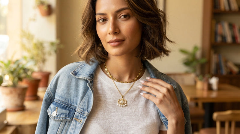 Woman wearing layered necklaces with an everyday outfit