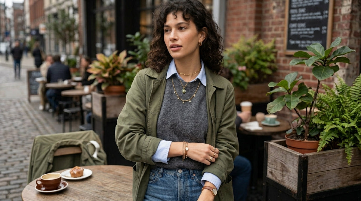 Woman wearing layered jewelry with an everyday outfit