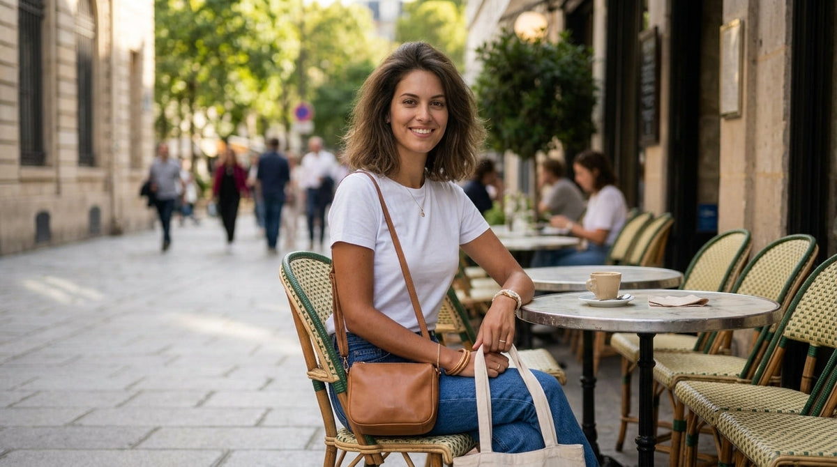 Woman wearing everyday jewelry with jeans and a white T-shirt