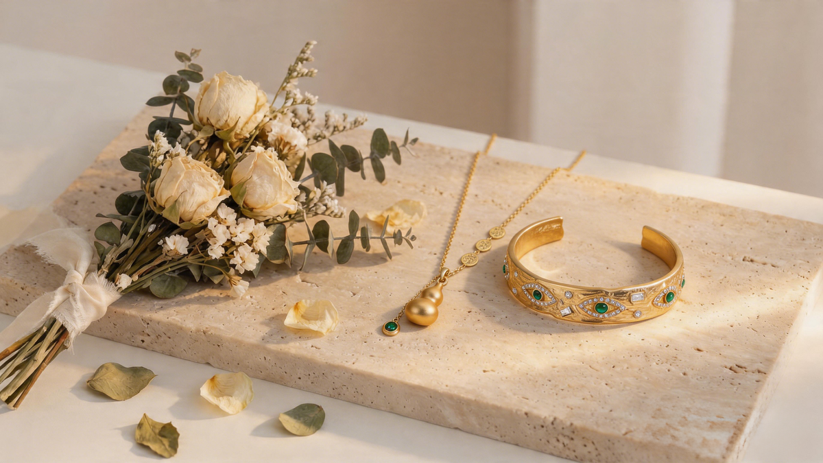 Gold-plated stainless steel jewelry next to flowers for Mother's Day gift idea