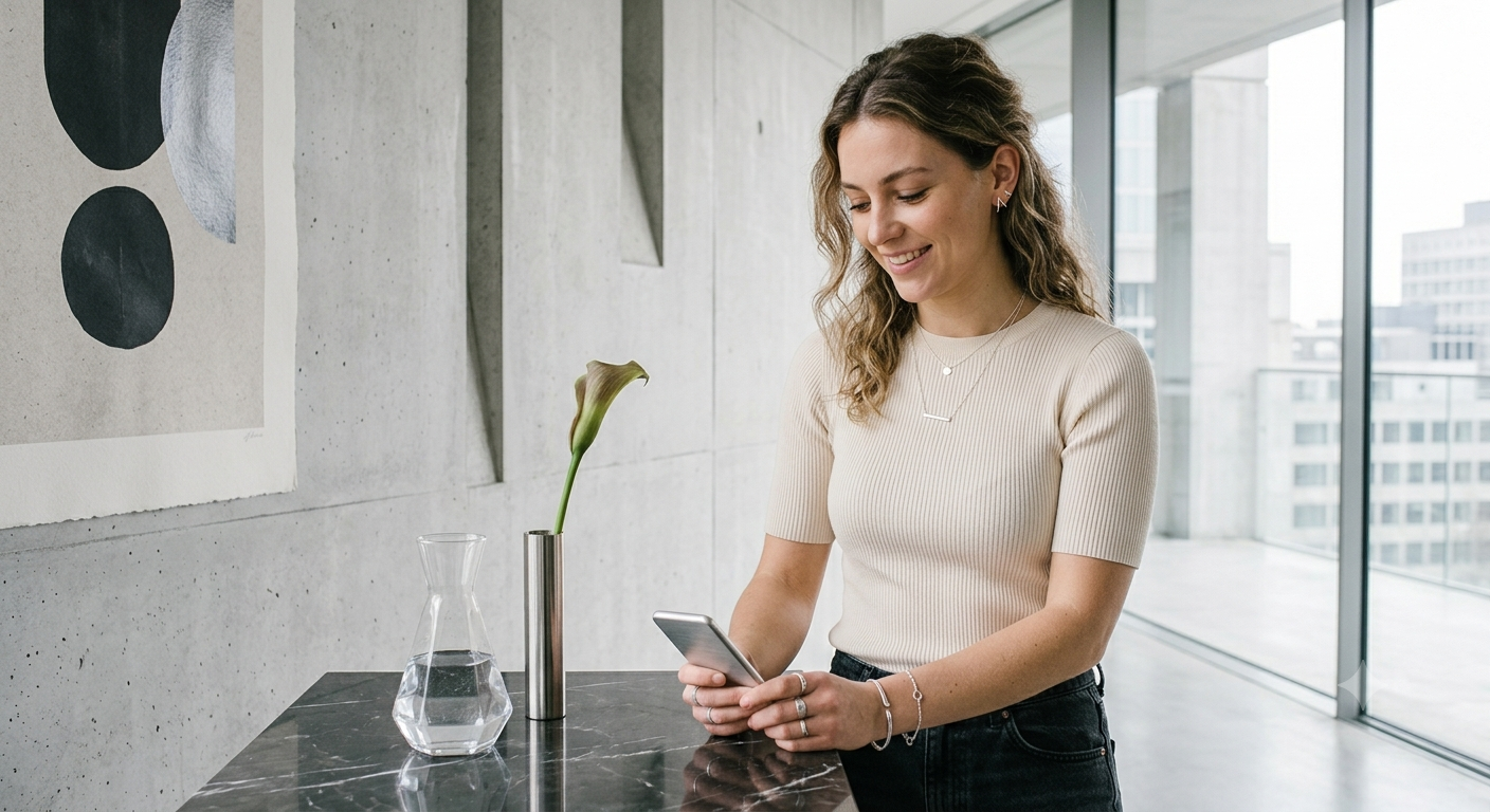 Woman wearing modern silver-tone jewelry styled for everyday minimal fashion, soft natural lighting, clean contemporary aesthetic