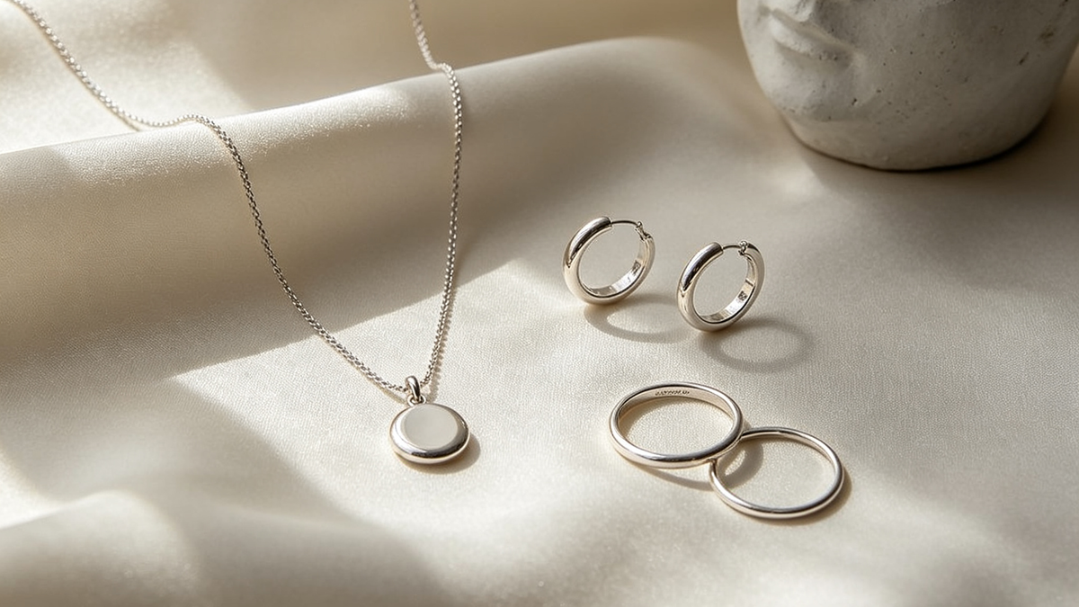 Modern silver-tone jewelry trends with minimalist necklace, earrings, and rings styled for everyday contemporary fashion