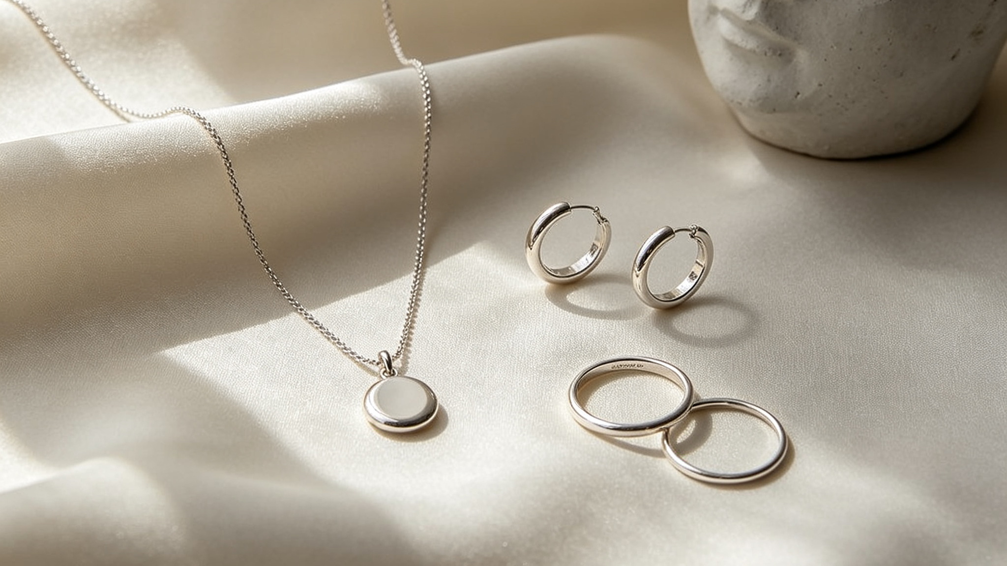 Modern silver-tone jewelry trends with minimalist necklace, earrings, and rings styled for everyday contemporary fashion