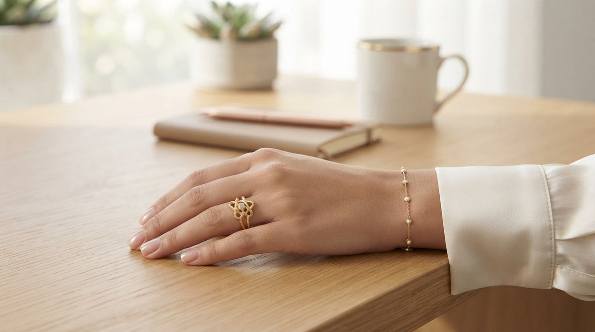 Simple jewelry styled with a polished everyday outfit